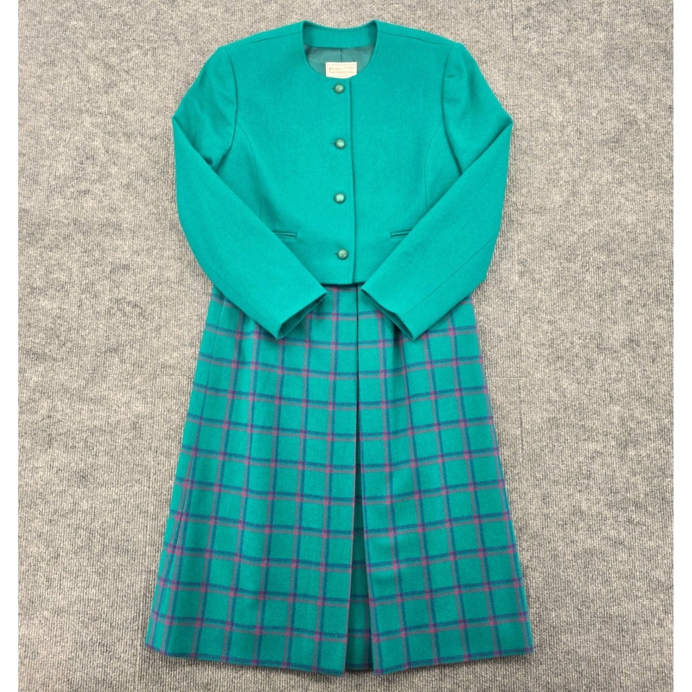 Vintage Petite Pendleton Wool Skirt Suit Set Teal Green Plaid Made in USA 10